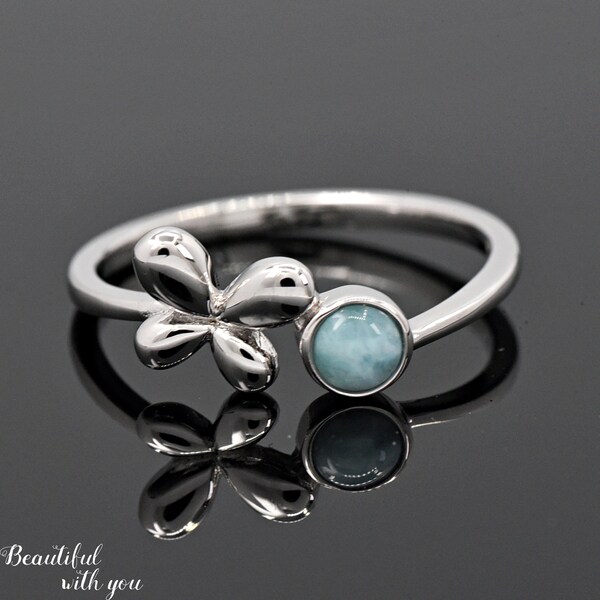 Solid 925 Sterling Silver 4mm Round Genuine Larimar Bezel Set Butterfly Insect Theme Ring