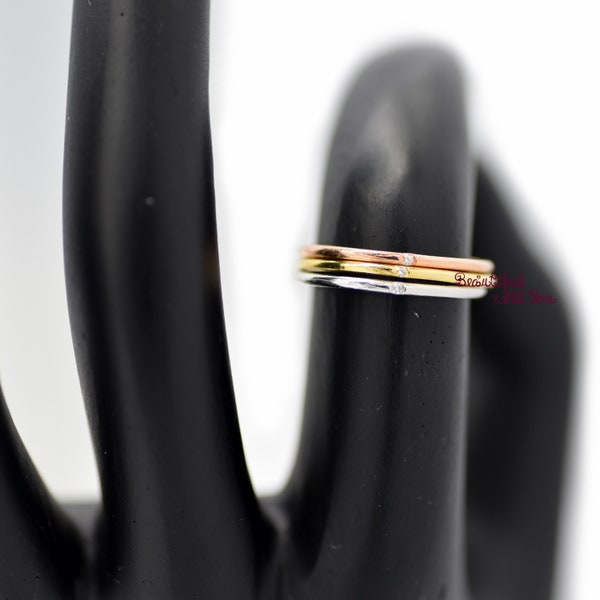 Tri Tone Silver Yellow Gold Plated Rose Gold Plated Three Ring Set, Unique 1mm Thin Stacking Wedding Ring with CZ 925 Sterling Silver