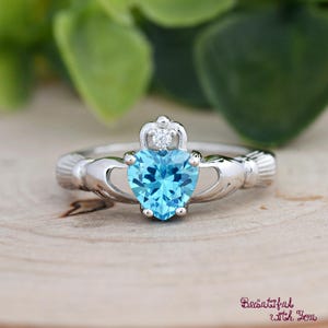March Birthstone Claddagh Ring, Irish Celtic Ring, Aquamarine CZ Ring, Sterling Silver Traditional Irish Claddagh Ring Girls Womens Gift