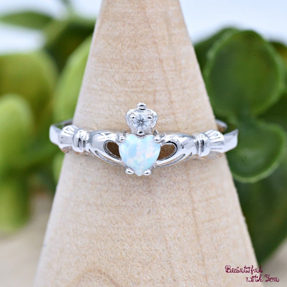 Sterling Silver Created White Opal Heart Claddagh Crown Ring Sterling Silver Created White Opal Heart Claddagh Crown Ring