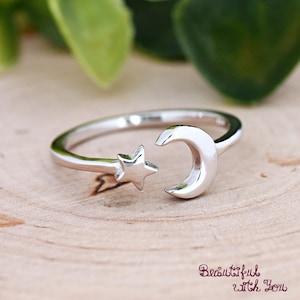 Sterling Silver Crescent Moon & Star Open Adjustable Ring, Lunar Moon Star Celestial Flexible Midi Thumb Ring Band, Minimalist Jewelry