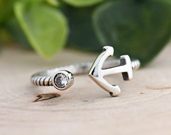 Sideways Anchor Open Thumb Ring, Anchor Ring, 925 Sterling Silver Ship Anchor Rope Adjustable Band Ring with CZ, Womens Wraparound Ring
