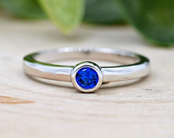 Sterling Silver Children's Girl's Blue Color Round CZ Bezel Set Solitaire Ring, September Birthstone CZ Colorful Ring, Fashion Ring