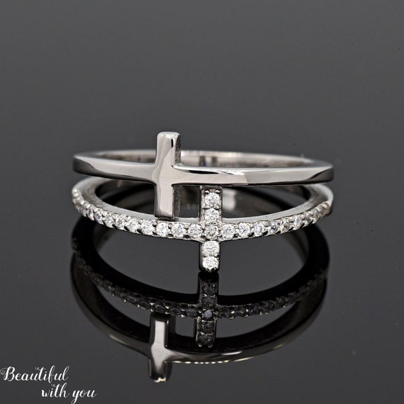 Double Cross Ring with Cubic Zirconia and Polished Crosses Stacked Double Cross Ring with Cubic Zirconia and Polished Crosses Stacked