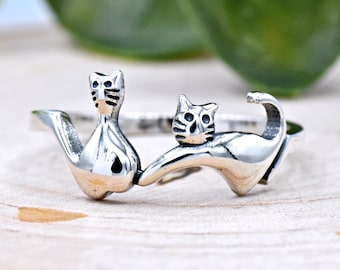 Cat Ring, Two Cats Sterling Silver Ring, Womens Girls Cat Ring Silver, 925 Sterling Silver Animal Cats Jewelry Ring, Trendy Cute Jewelry
