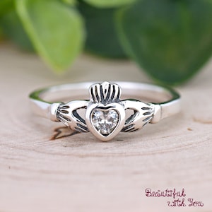 Dainty Kids Girls Celtic Claddagh Sterling Silver Ring, Clear Heart CZ Bezel Set Tiny Claddagh Ring, April Birthstone Ring, Birthday Gift