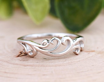 Filigree Swirl Waves Ring, Unique Style Wavy Ring, Solid 925 Sterling Silver Womens Boho Ring