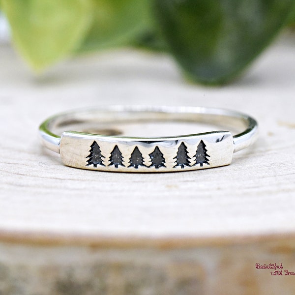 Signet Style Bar Pine Trees Engraved Nature Inspired Ring, Solid 925 Sterling Silver Womens Tree Ring, Casual Outdoor Hikers Ring, Gift