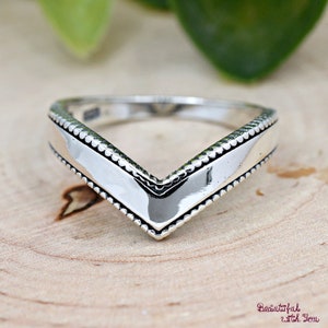 Bead Ball Around High Polished Thick V Shape Chevron Ring. Minimalist Dainty Solid 925 Sterling Silver Stackable V Ring. Thumb Ring