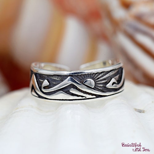 Mountains with Rising Sun Carved Toe Ring, Solid 925 Sterling Silver Open Adjustable Flexible Toe Ring, Womens Summer Beach Toe Ring
