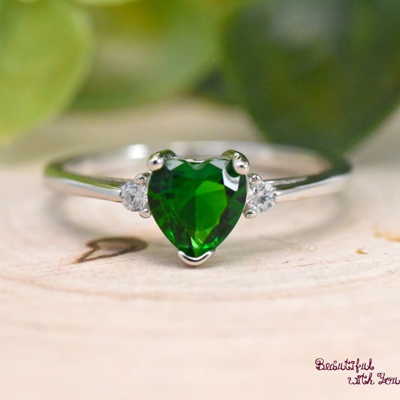 May Birthstone Ring Simulated Heart Green Emerald Cubic Zirconia