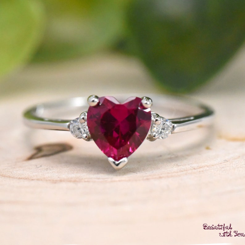 July Birthstone Ring, Simulated Heart Red Ruby Cubic Zirconia Birthstone Ring, Kids Girls Womens Ring, 925 Sterling Silver Ring Band 