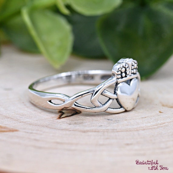 Braided Knot Sides Heart Crown Celtic Claddagh Silver Ring, Solid