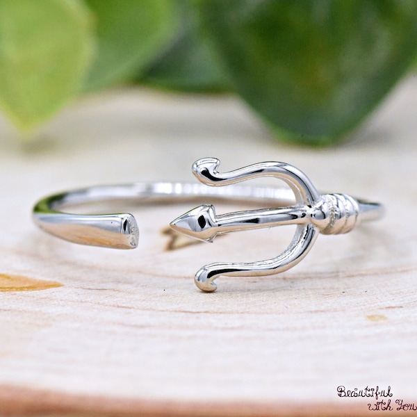 Open Trident Ring, 925 Sterling Silver Three Pronged Spear Trident Midi Adjustable Ring, Poseidon Weapon Neptune Trident Finger Ring, Gift
