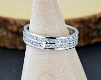 Solid 925 Sterling Silver Double Layered Full Eternity Band Channel Set Clear Cubic Zirconia Stackable Ring