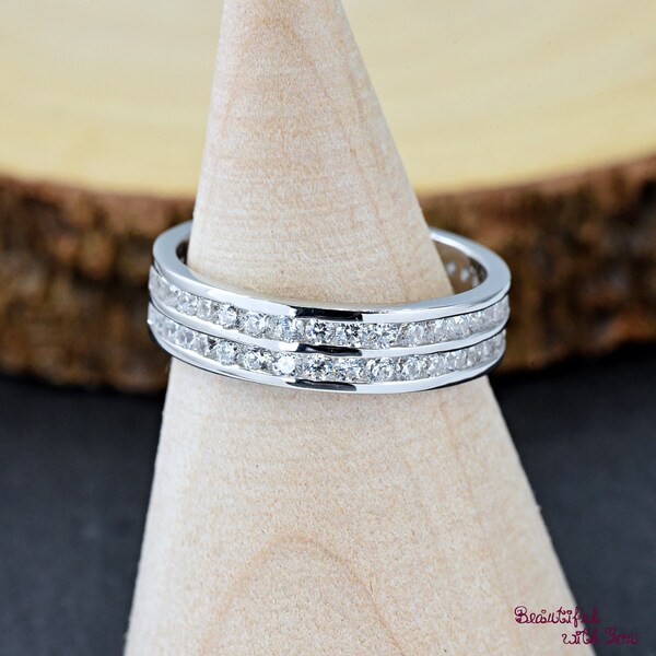 Solid 925 Sterling Silver Double Layered Full Eternity Band Channel Set Clear Cubic Zirconia Stackable Ring