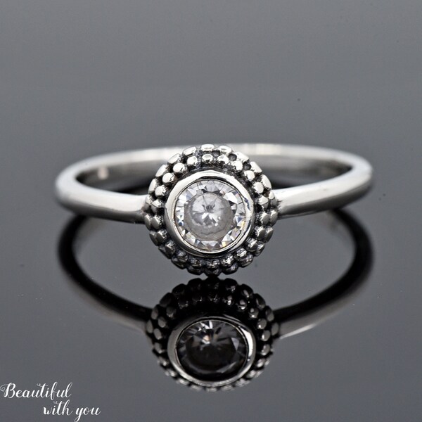 Solid 925 Sterling Silver Bali Bead Around 4mm Clear Cubic Zirconia Bezel Set Solitaire Ring