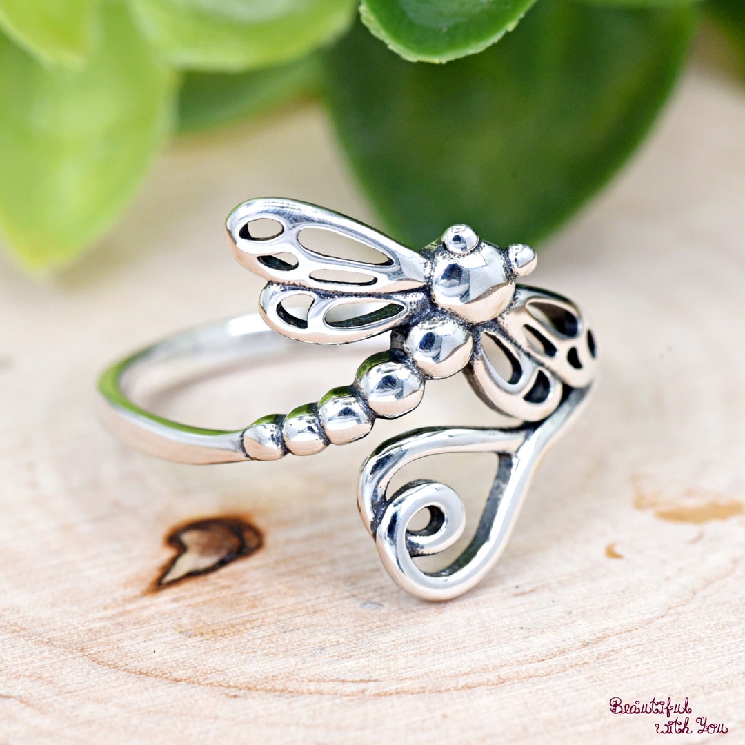 Dragonfly With Heart Ends Wraparound Ring, Insect Theme Dragonfly