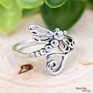 Dragonfly with Heart Ends Wraparound Ring, Insect Theme Dragonfly Silver Ring, Solid 925 Sterling Silver Womens Ring, Dainty Jewelry