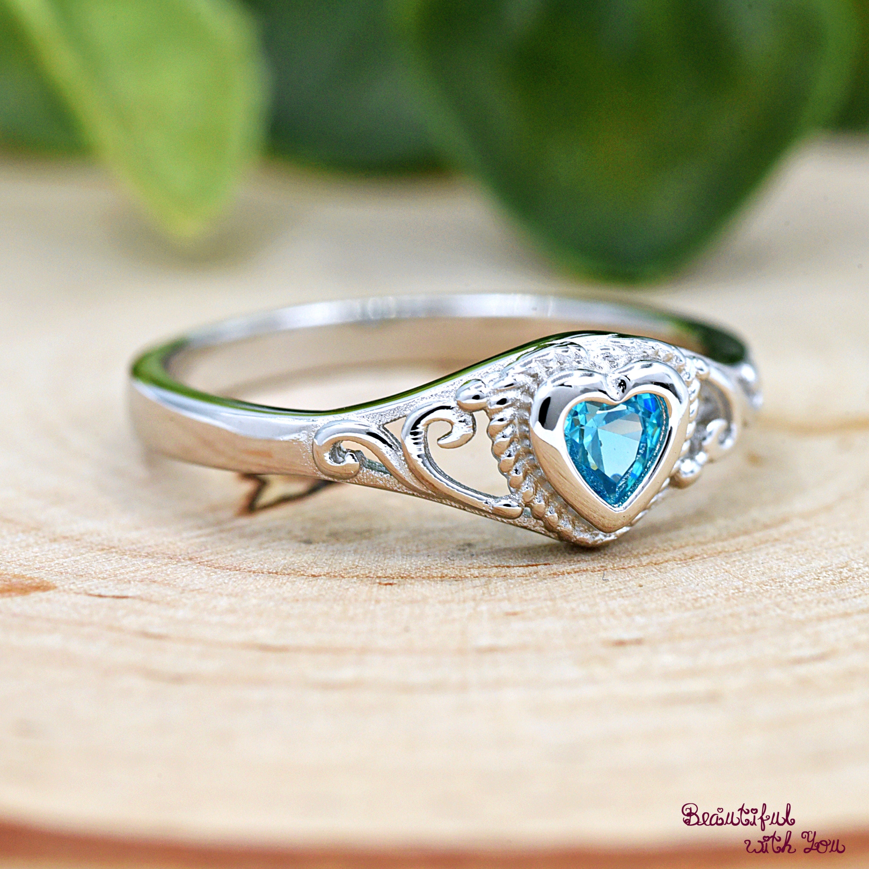 Heart Shaped Simulated Aquamarine CZ Ring – Sterling Silver 925, Sizes 3-15