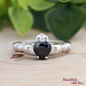 Solid 925 Sterling Silver Black Onyx CZ Claddagh Celtic Traditional Irish Promise Fede Heart Ring Girls Childrens Womens Gift