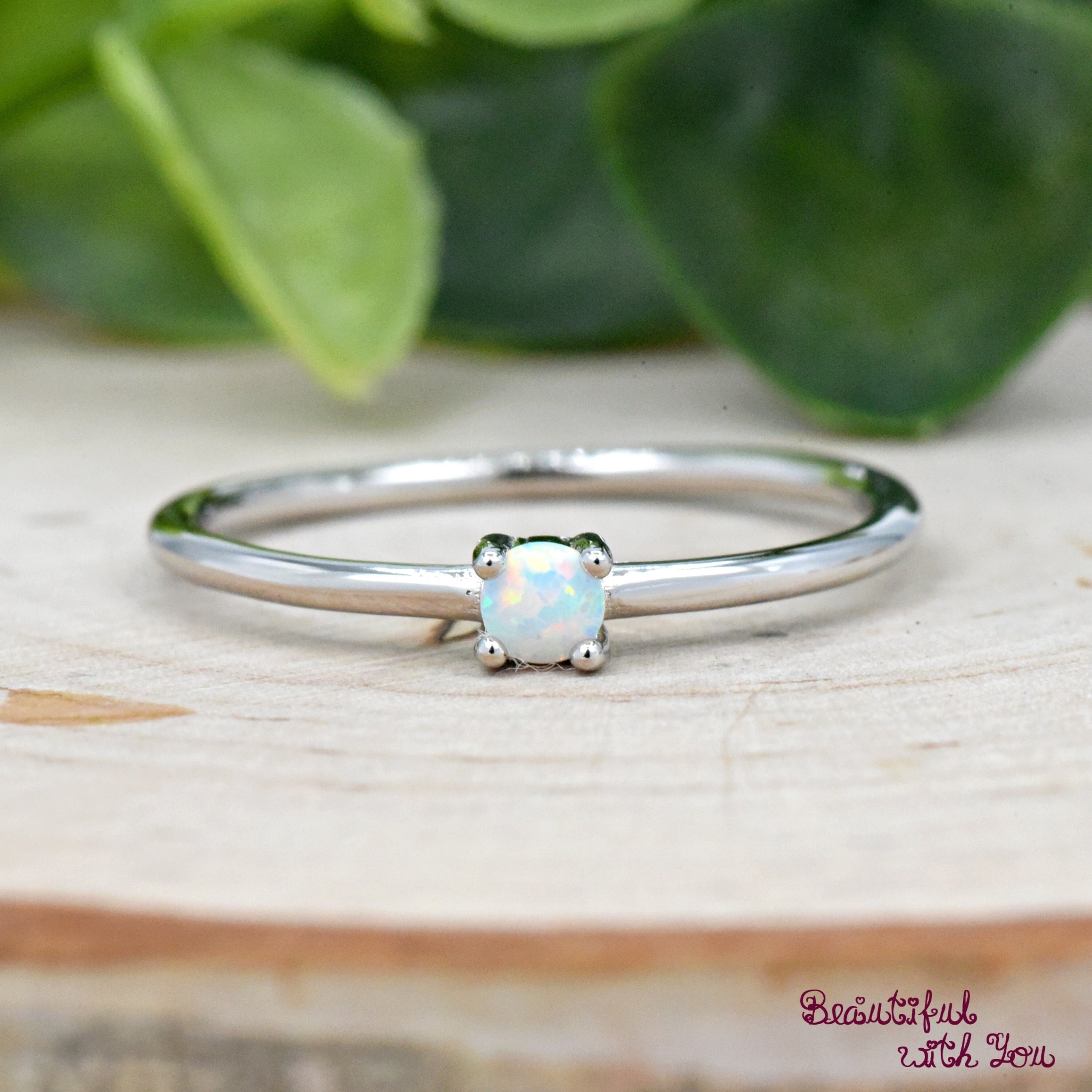 Solid 925 Sterling Silver 3mm Tiny Round White Opal Birthstone Solitaire Kids Girls Womens Simple Minimalist Ring
