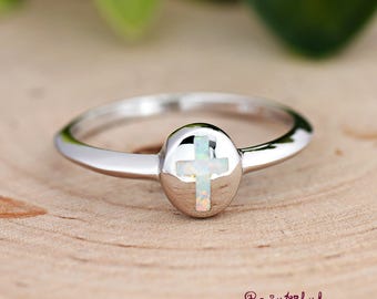 Sterling Silver Opal Cross Ring, Religious Opal Silver Ring, Christian Faith Ring, Dainty Opal Statement Ring, Gift For Her