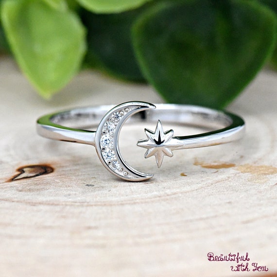 Crescent Moon Celestial Star Open Ring 925 Sterling Silver Moon Star Flexible Adjustable Ring Band Moon and Star Thumb Ring