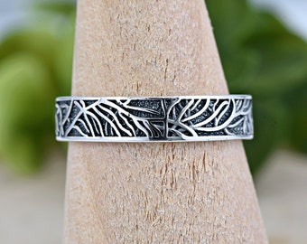 4mm Tree Branches Bark Silver Pipe Cut Band, Womens Engagement Ring, Solid 925 Sterling Silver Tree Bark Ring, Unique Silver Vine Ring