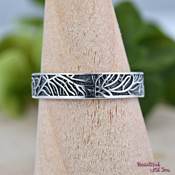 4mm Tree Branches Bark Silver Pipe Cut Band, Womens Engagement Ring, Solid 925 Sterling Silver Tree Bark Ring, Unique Silver Vine Ring