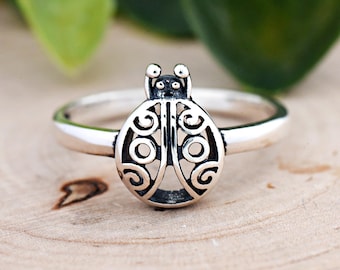 Ladybug Ring, Solid 925 Sterling Silver Ladybug Filigree Pattern Insect Theme Ring, Vintage Style Trendy Fashion Ring