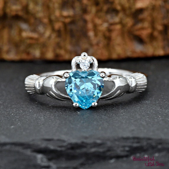 March Birthstone Claddagh Ring, Irish Celtic Ring, Aquamarine CZ - Main Image