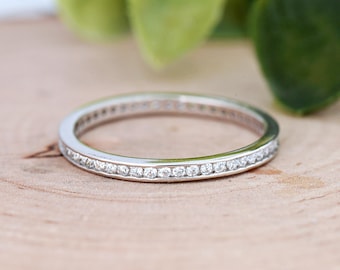 2mm Thin Sterling Silver Round Cubic Zirconia Channel Set Eternity Band, Full Eternity Ring CZ, Stackable Ring, Women's Engagement Ring