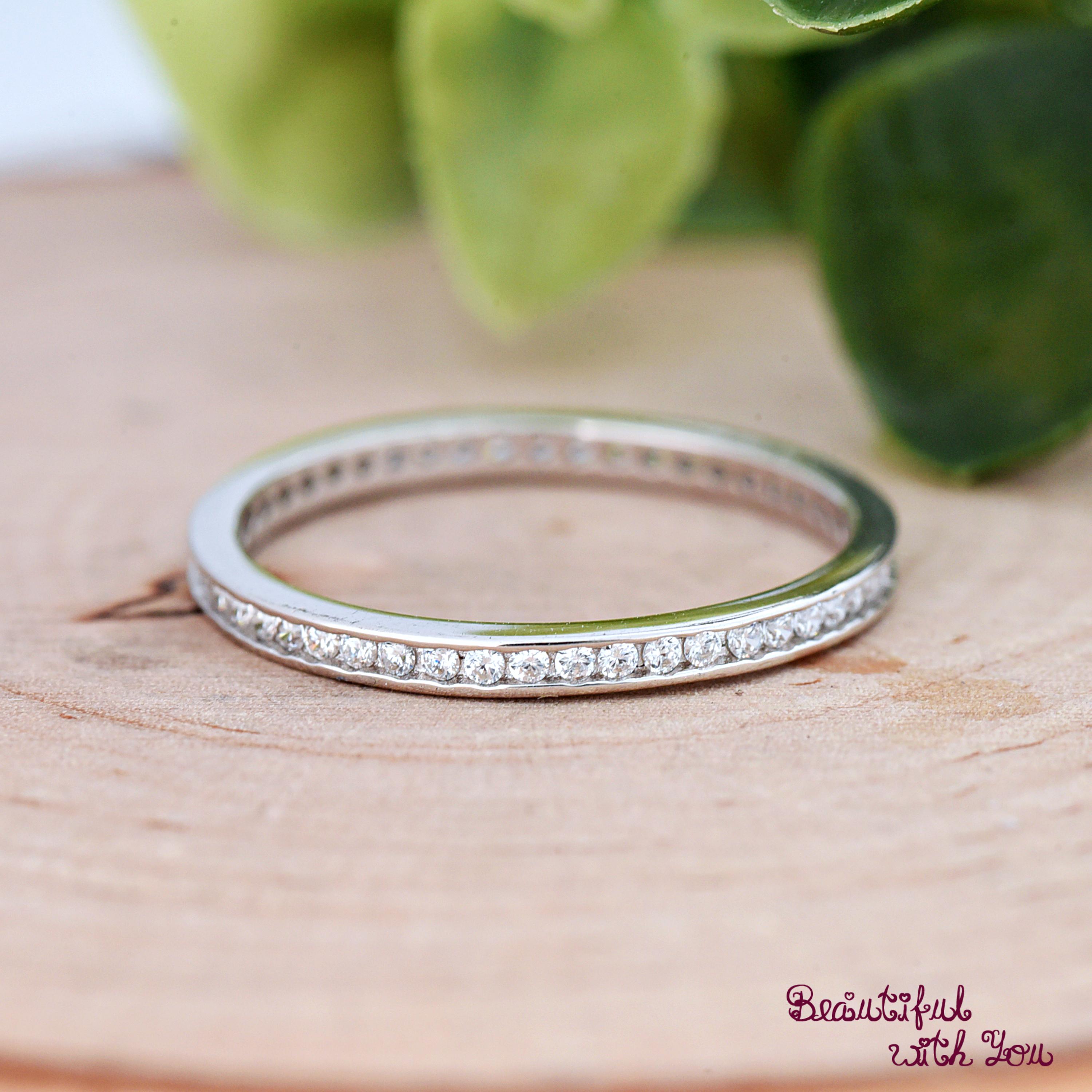 2mm Thin Sterling Silver Round Cubic Zirconia Channel Set Eternity Band ...