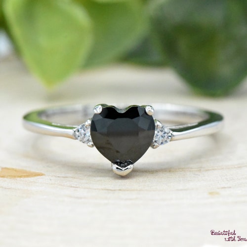 Bague coeur simulée avec cz noir onyx, bague femme fille pierre noire, bague coeur en argent sterling massif 925, bague en argent cz noire, cz onyx