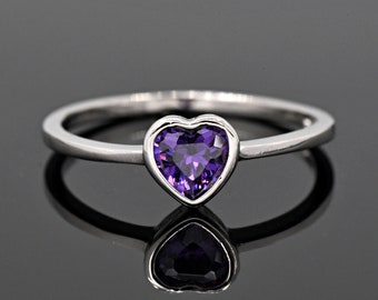 Simulated February Birthstone Amethyst Heart CZ Bezel Set Ring, Daughter Ring, Mom and Baby Ring, Girls Children's Heart Purple CZ Ring