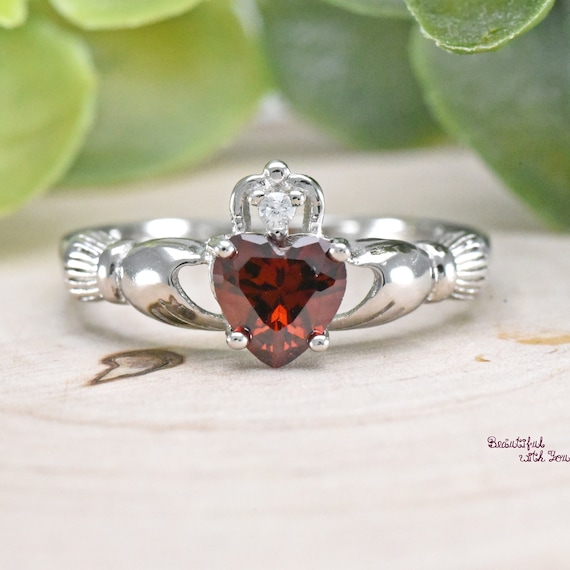 January Birthstone Garnet Cubic Zirconia Sterling Silver Claddagh Irish Celtic Ring Girls Womens Birthday Gift Ideas Etsy