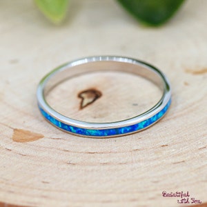 Blue Opal Thin Eternity Ring 925 Sterling Silver 2mm Eternity Created Blue Opal Stackable Band Opal Thumb Ring Minimalist Opal Ring image 4