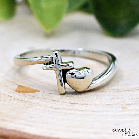 Bypass Style Vertical Cross With Heart Silver Ring Christianity