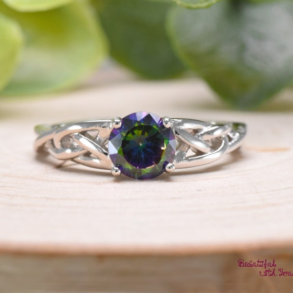 Celtic Knot Rainbow Topaz CZ Ring, Celtic Knot CZ Wedding Ring