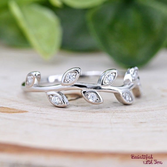 Leaf CZ Ring, Fern Leaves Clear Cubic Zirconia Wavy Branch Ring, Solid 925 Sterling Silver Leaf Vine Ring, Minimalist Leaf Ring