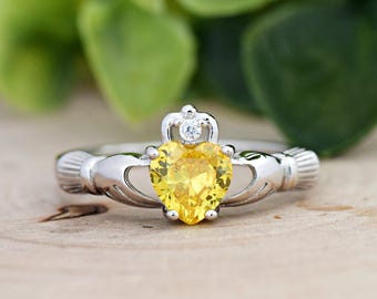 Womens Silver Yellow Topaz CZ Claddagh Promise Ring Wedding Band Irish Celtic Claddagh Band November Birthstone Fede Band Womens Jewelry