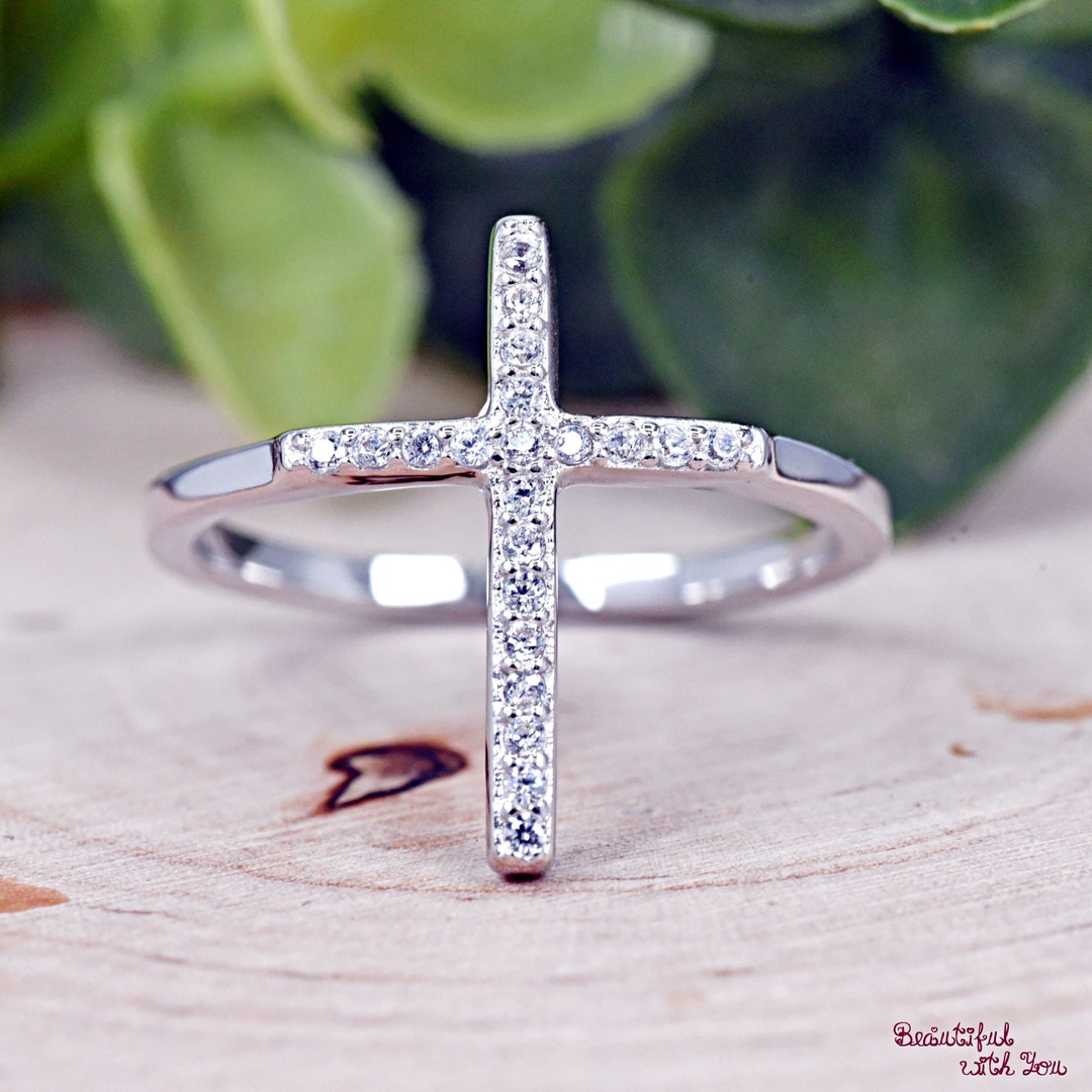 17mm Vertical Cross Pave Set CZ Ring, Christian Jewelry, 925 Sterling ...