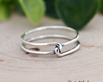 Double Lines Knot Center Wire Style Ring, Solid 925 Sterling Silver Dainty Minimalist Design Everyday Jewelry, Unique Ring