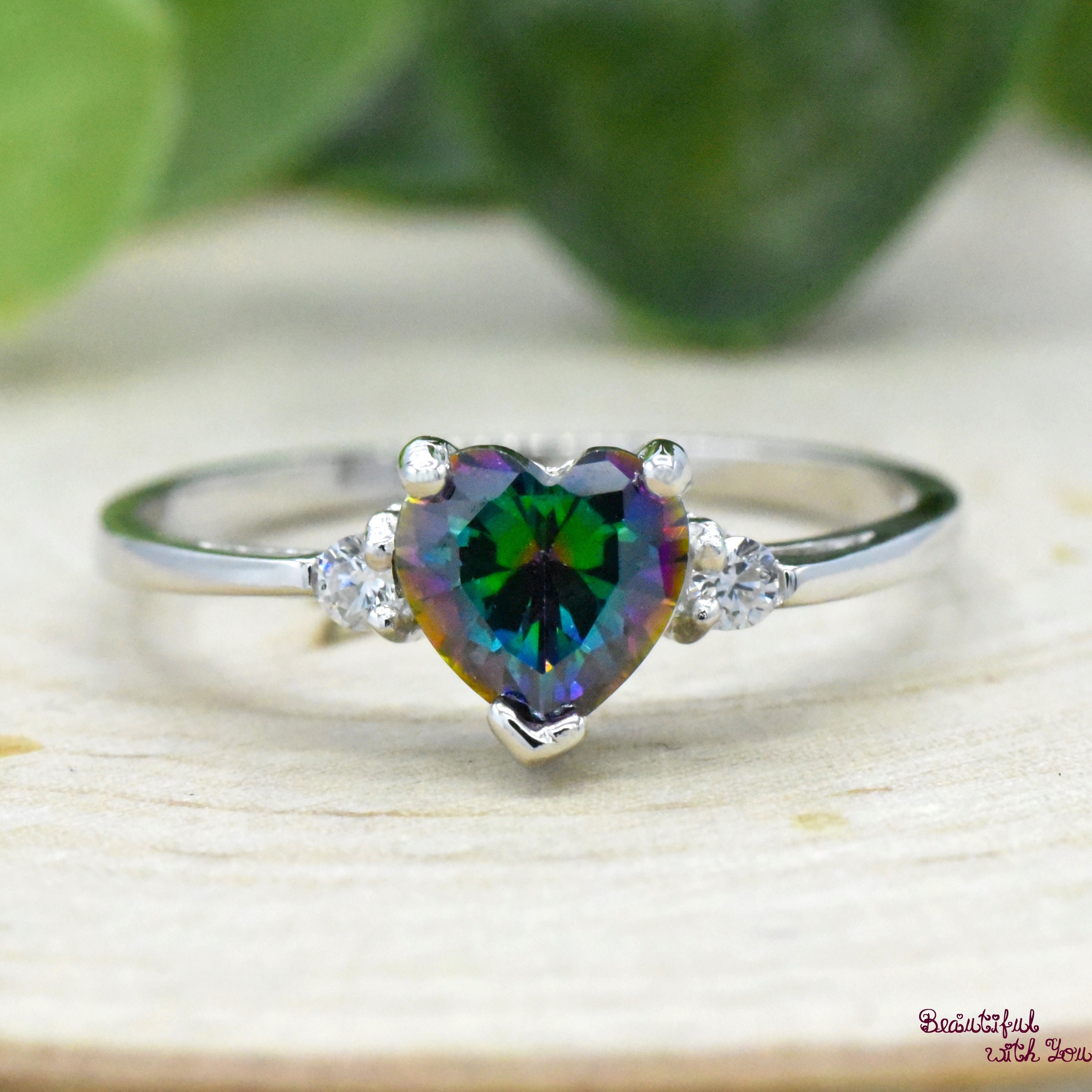 Anello Moda Argento 925 Con Topazio Arcobaleno E Zirconi &ndash; Forma Ovale E Cuore &ndash; Taglia 6