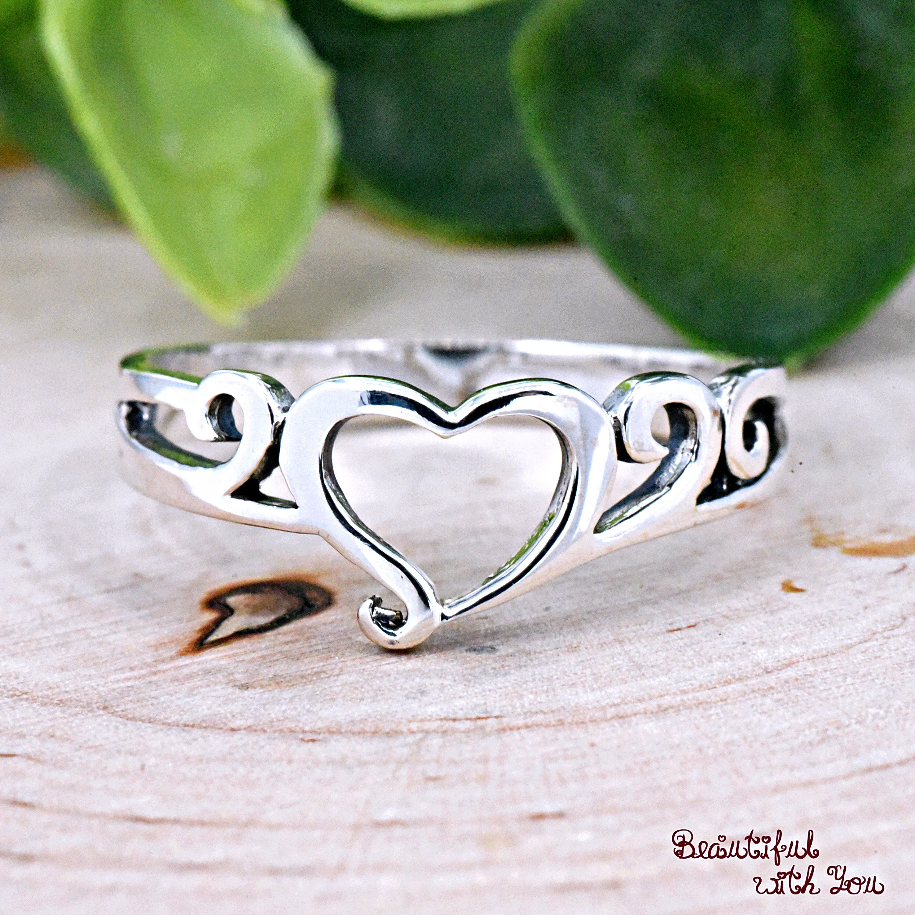 Open Heart Filigree Silver Ring | Heart Filigree Anniversary Ring