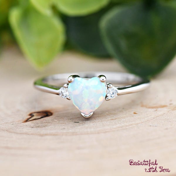 Simple Heart Opal Ring, 925 Sterling Silver Simulated Lab Created White Opal October Birthstone Ring, Kids Girls Womens Birthstone Ring