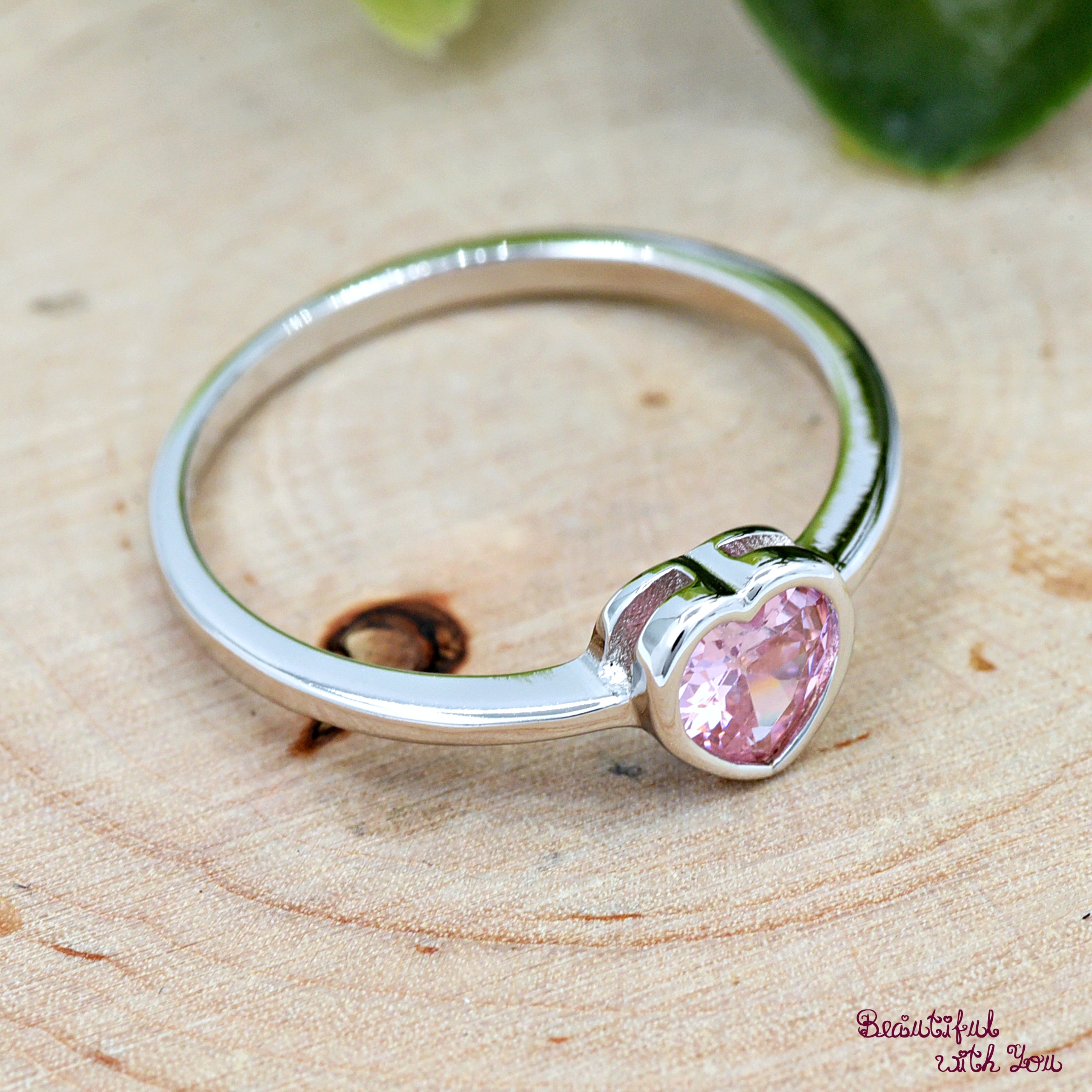 Sterling Silver Kids Girls Pink Color Heart CZ Bezel Set Ring, October ...