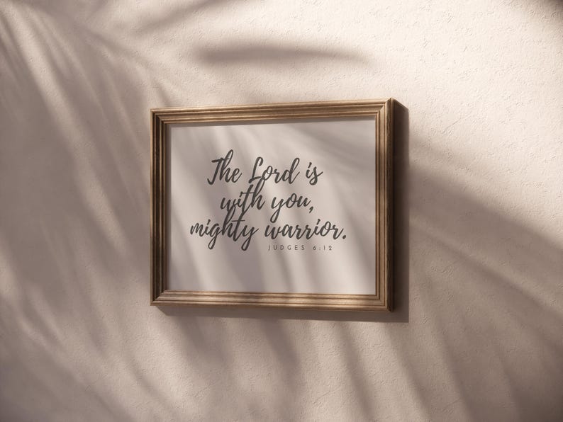 This Judges 6 12 printable says the Lord is with you Mighty Warrior. It is a Boho style print for wall decor in a Christian Baby Nursery. This Scripture Wall Art can also be used for Decorating a Kids Room, or as a baby shower or birthday gift!