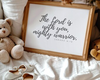 Mighty Warrior Printable Boho Christian Baby Nursery Wall Decor Scripture Wall Art for Decorating Kids Room Judges 6 12 Print